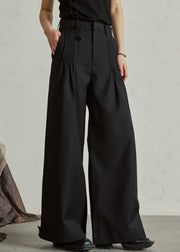 Casual Black High Waist Pockets Wide Leg Pants Fall