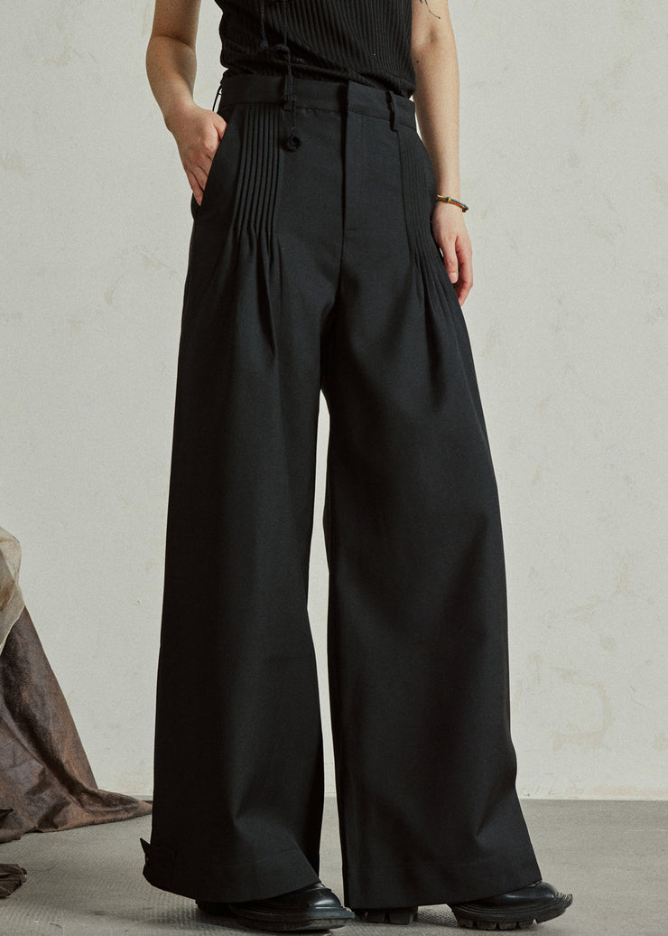 Casual Black High Waist Pockets Wide Leg Pants Fall