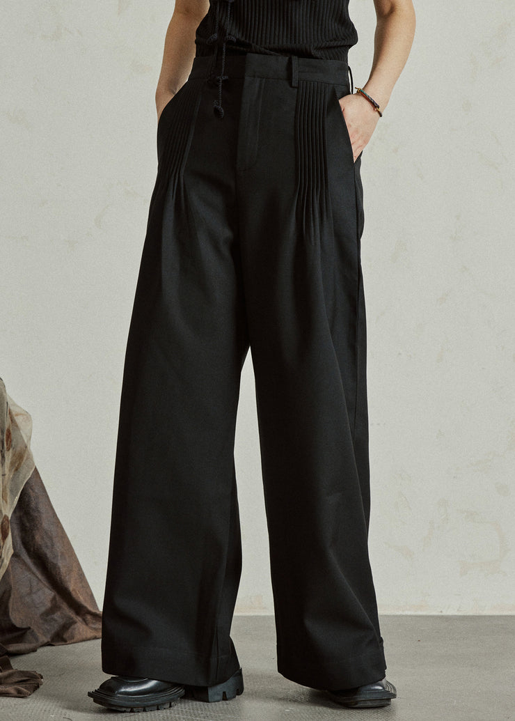 Casual Black High Waist Pockets Wide Leg Pants Fall
