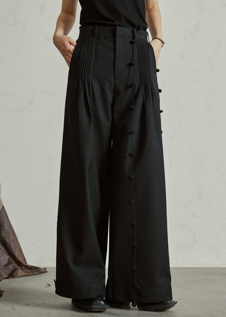 Casual Black High Waist Pockets Wide Leg Pants Fall
