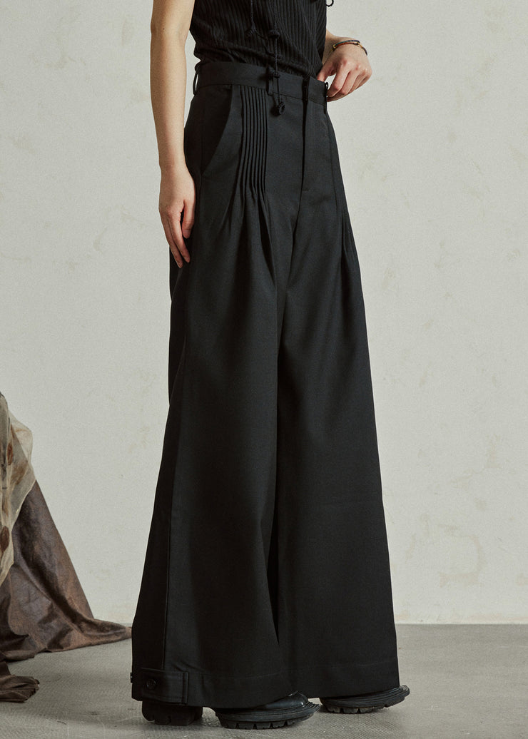 Casual Black High Waist Pockets Wide Leg Pants Fall