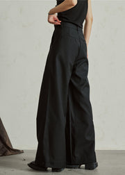 Casual Black High Waist Pockets Wide Leg Pants Fall