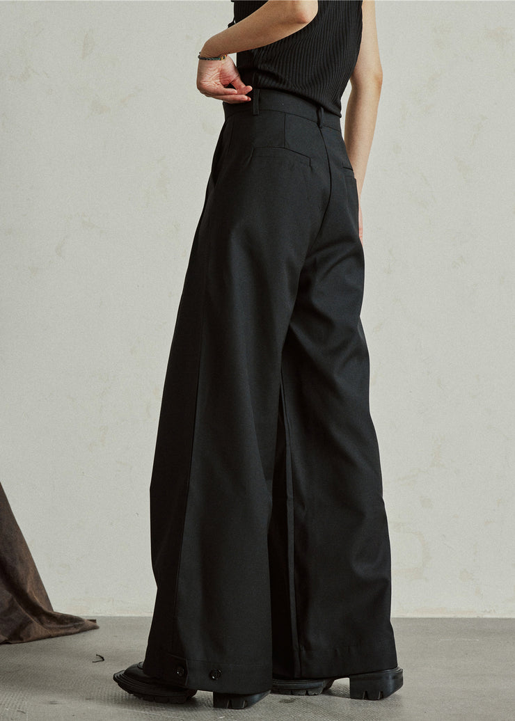 Casual Black High Waist Pockets Wide Leg Pants Fall