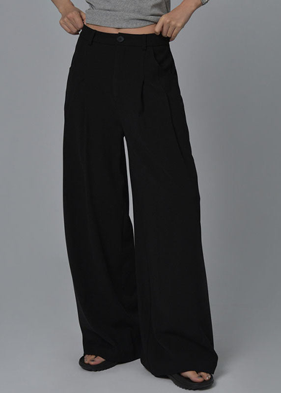 Casual Black High Waist Pockets Wide Leg Pants Summer