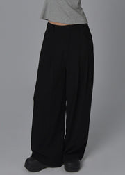 Casual Black High Waist Pockets Wide Leg Pants Summer