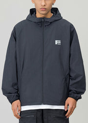 Casual Black Hooded Print Drawstring Men UPF 50+ Coat
