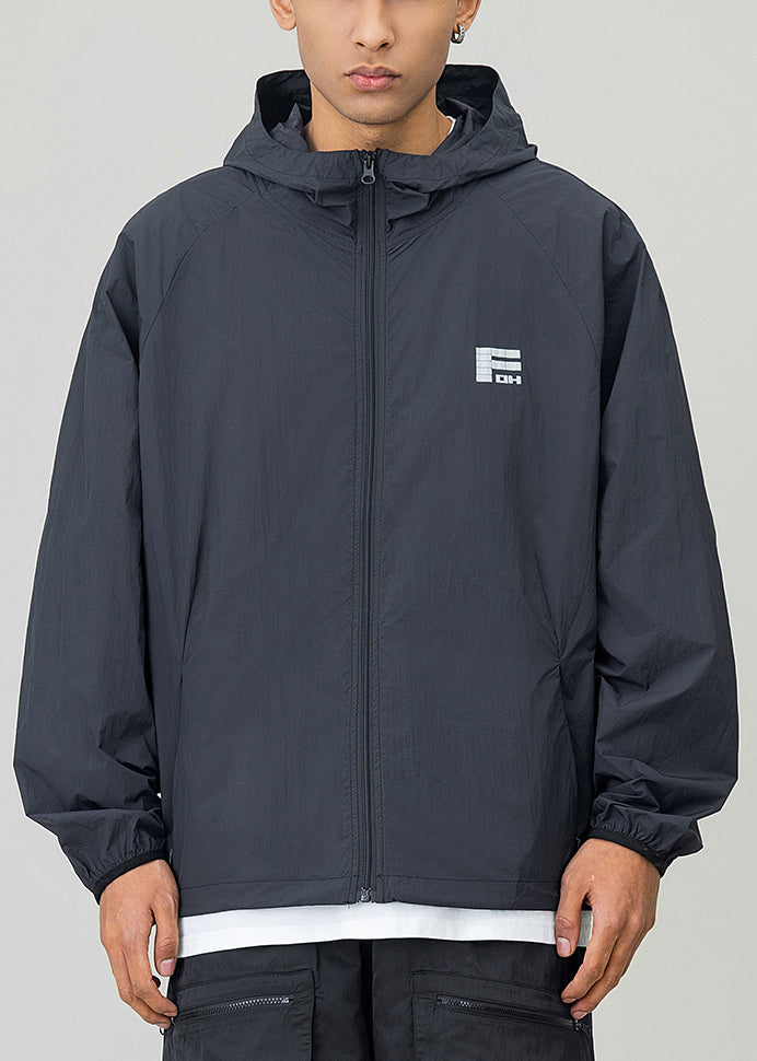 Casual Black Hooded Print Drawstring Men UPF 50+ Coat