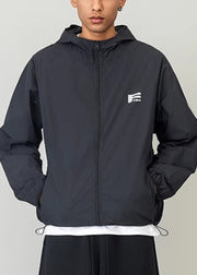 Casual Black Hooded Print Drawstring Men UPF 50+ Coat