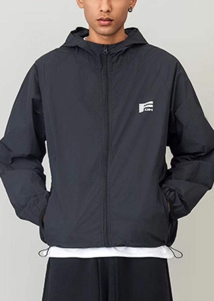 Casual Black Hooded Print Drawstring Men UPF 50+ Coat