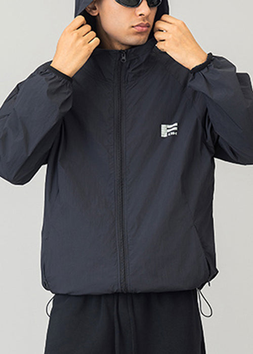 Casual Black Hooded Print Drawstring Men UPF 50+ Coat
