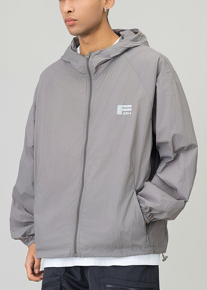 Casual Black Hooded Print Drawstring Men UPF 50+ Coat