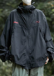 Casual Black Hooded Zippered Print Men UPF 50+ Coat Summer