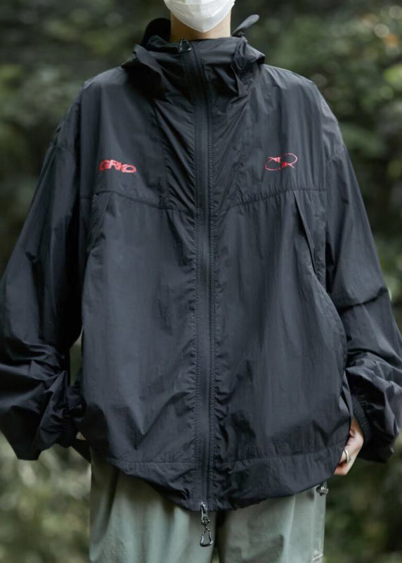 Casual Black Hooded Zippered Print Men UPF 50+ Coat Summer