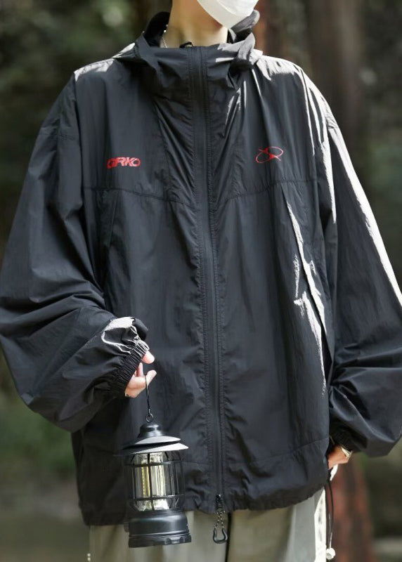 Casual Black Hooded Zippered Print Men UPF 50+ Coat Summer