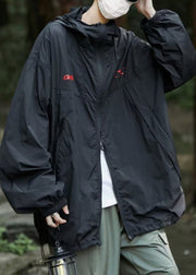 Casual Black Hooded Zippered Print Men UPF 50+ Coat Summer