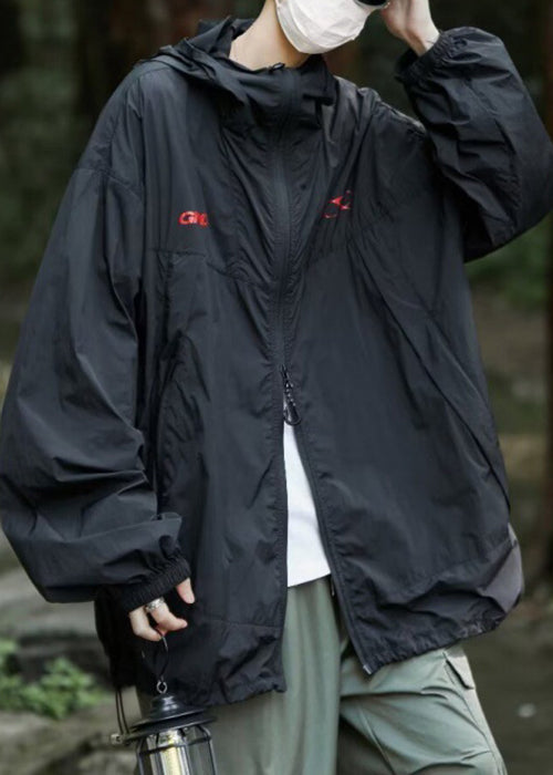 Casual Black Hooded Zippered Print Men UPF 50+ Coat Summer