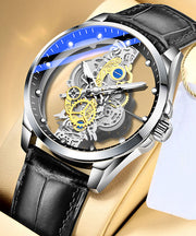 Casual Black Leather Hollow Out Fully Automatic Machinery Watches