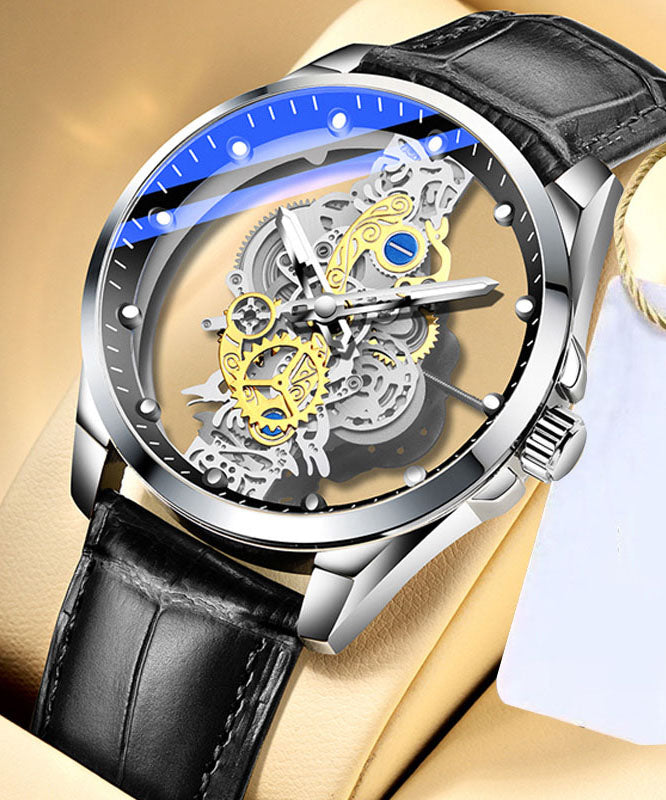 Casual Black Leather Hollow Out Fully Automatic Machinery Watches
