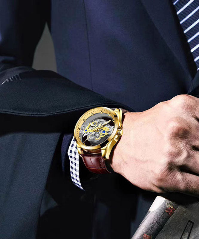 Casual Black Leather Hollow Out Fully Automatic Machinery Watches