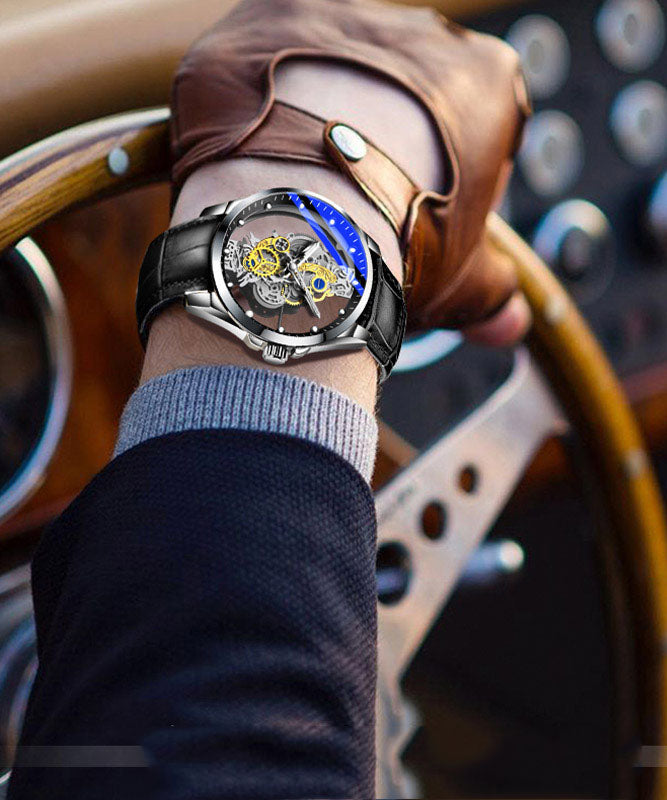 Casual Black Leather Hollow Out Fully Automatic Machinery Watches