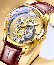 Casual Black Leather Hollow Out Fully Automatic Machinery Watches