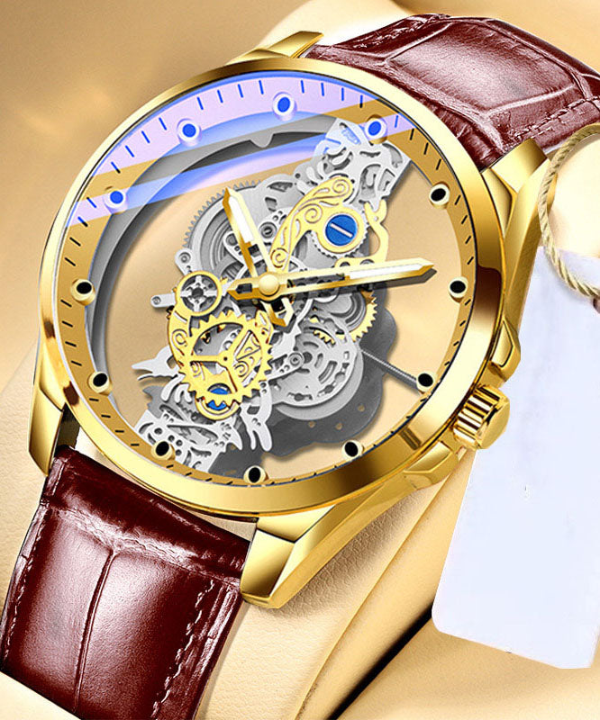 Casual Black Leather Hollow Out Fully Automatic Machinery Watches