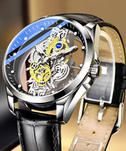 Casual Black Leather Hollow Out Fully Automatic Machinery Watches