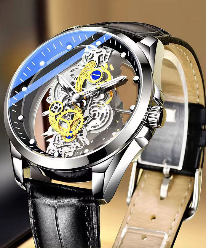 Casual Black Leather Hollow Out Fully Automatic Machinery Watches