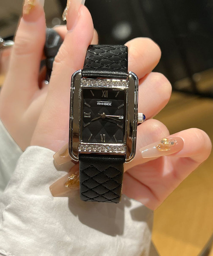 Casual Black Leather Zircon Reinforced Glass Quartz Movement Watches