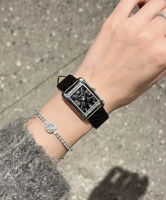 Casual Black Leather Zircon Reinforced Glass Quartz Movement Watches