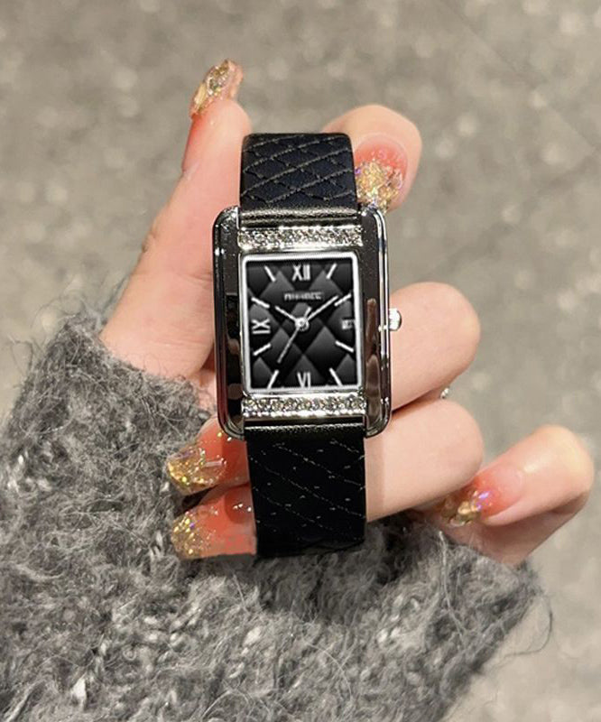 Casual Black Leather Zircon Reinforced Glass Quartz Movement Watches