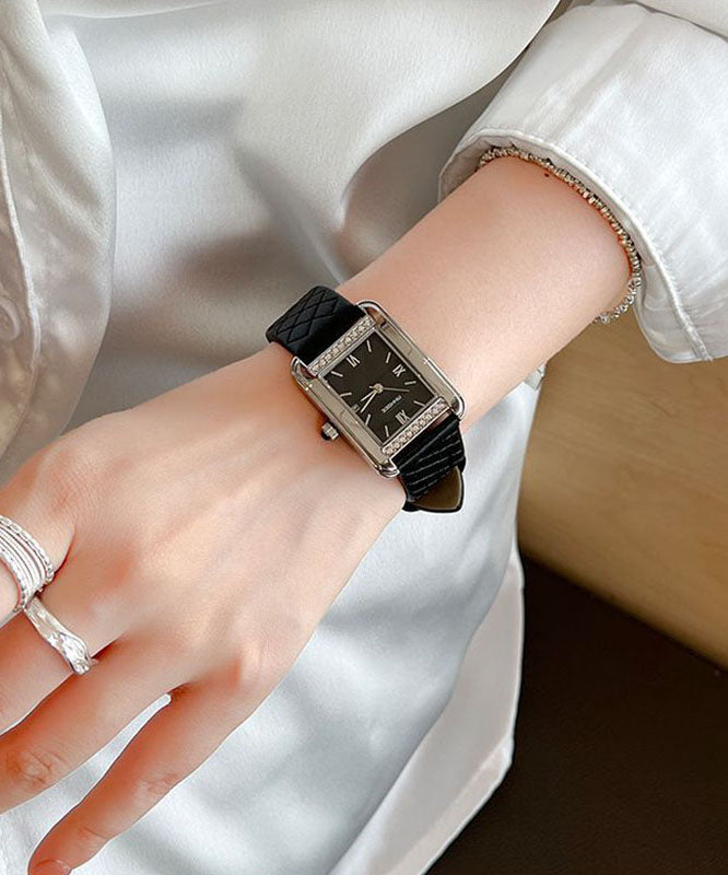 Casual Black Leather Zircon Reinforced Glass Quartz Movement Watches