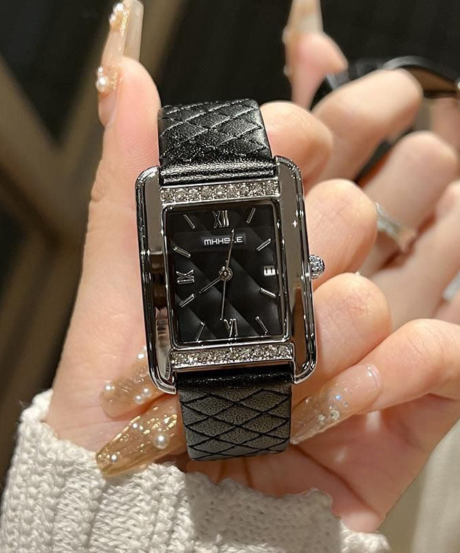 Casual Black Leather Zircon Reinforced Glass Quartz Movement Watches