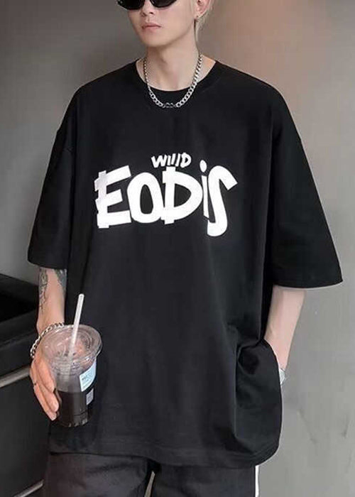 Casual Black Letter Print Cotton T Shirt Men Half Sleeve