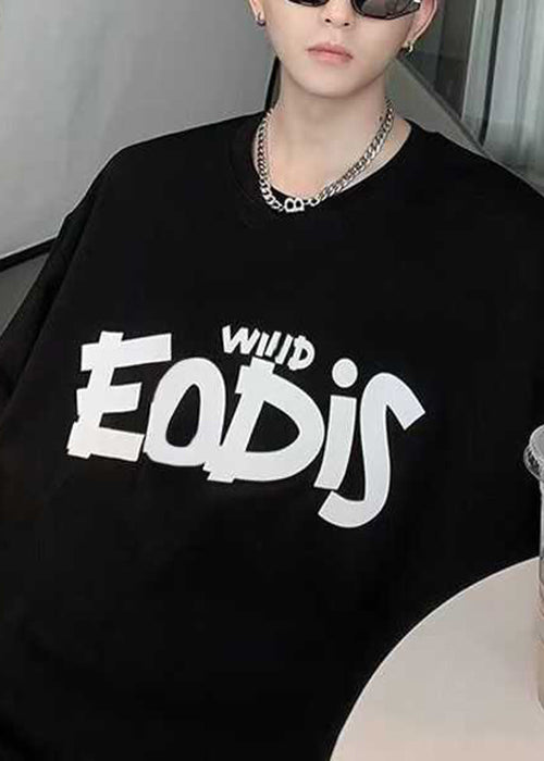 Casual Black Letter Print Cotton T Shirt Men Half Sleeve
