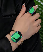 Casual Black Metal Alloy Square Gem Stone Cuff And Rings Two-Piece Set