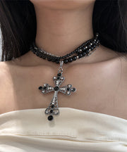 Casual Black Metal Alloy Zircon Multilayer Beads Cross Gratuated Bead Necklace