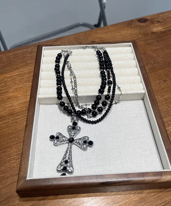 Casual Black Metal Alloy Zircon Multilayer Beads Cross Gratuated Bead Necklace