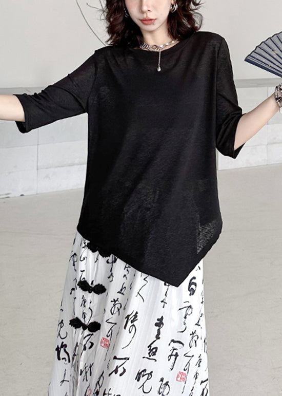 Casual Black O Neck Asymmetrical Cotton T Shirt Summer