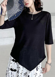 Casual Black O Neck Asymmetrical Cotton T Shirt Summer
