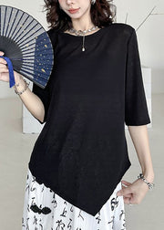 Casual Black O Neck Asymmetrical Cotton T Shirt Summer