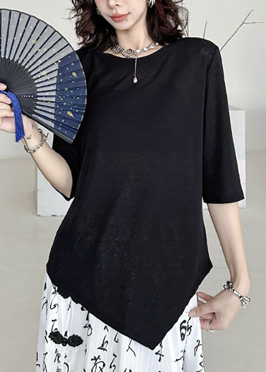 Casual Black O Neck Asymmetrical Cotton T Shirt Summer