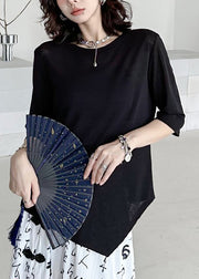 Casual Black O Neck Asymmetrical Cotton T Shirt Summer
