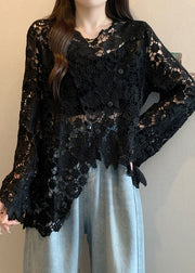 Casual Black O-Neck Asymmetrical Lace UPF 50+ Coat Spring