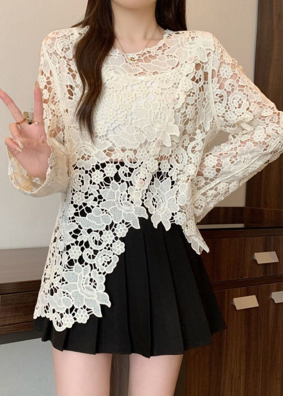 Casual Black O-Neck Asymmetrical Lace UPF 50+ Coat Spring