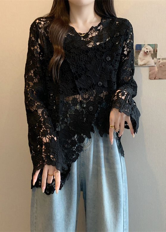 Casual Black O-Neck Asymmetrical Lace UPF 50+ Coat Spring
