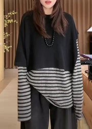 Casual Black O Neck Knit Cape And Striped T hirt Cotton Two Pieces Set Fall