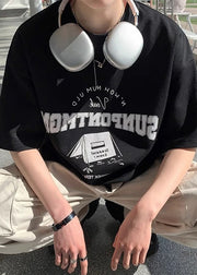 Casual Black O Neck Letter Cotton Men T Shirts Summer