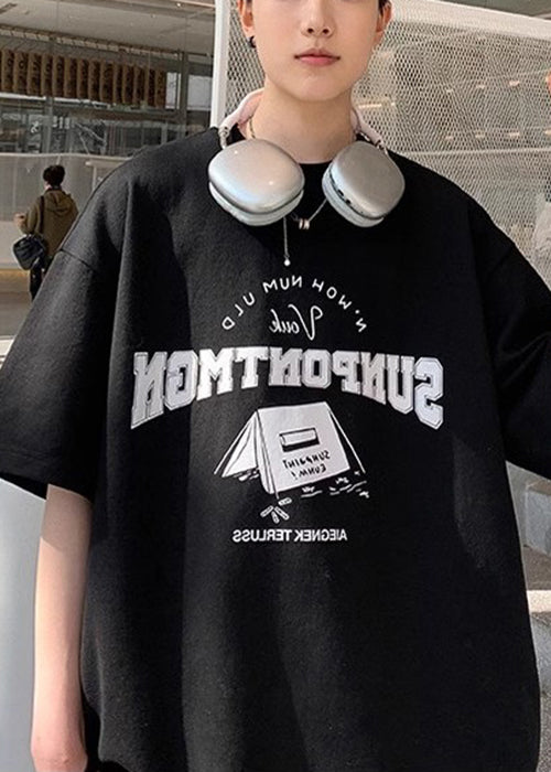 Casual Black O Neck Letter Cotton Men T Shirts Summer