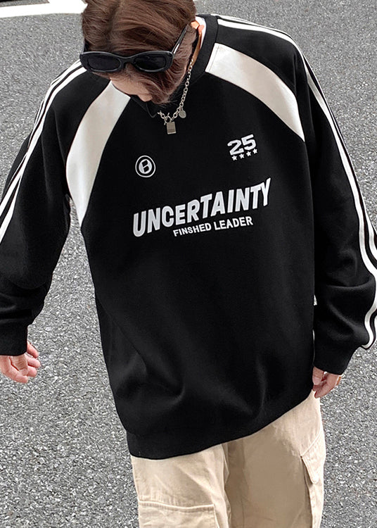 Casual Black O Neck Patchwork Cotton Mens Loose Sweatshirts Top Spring